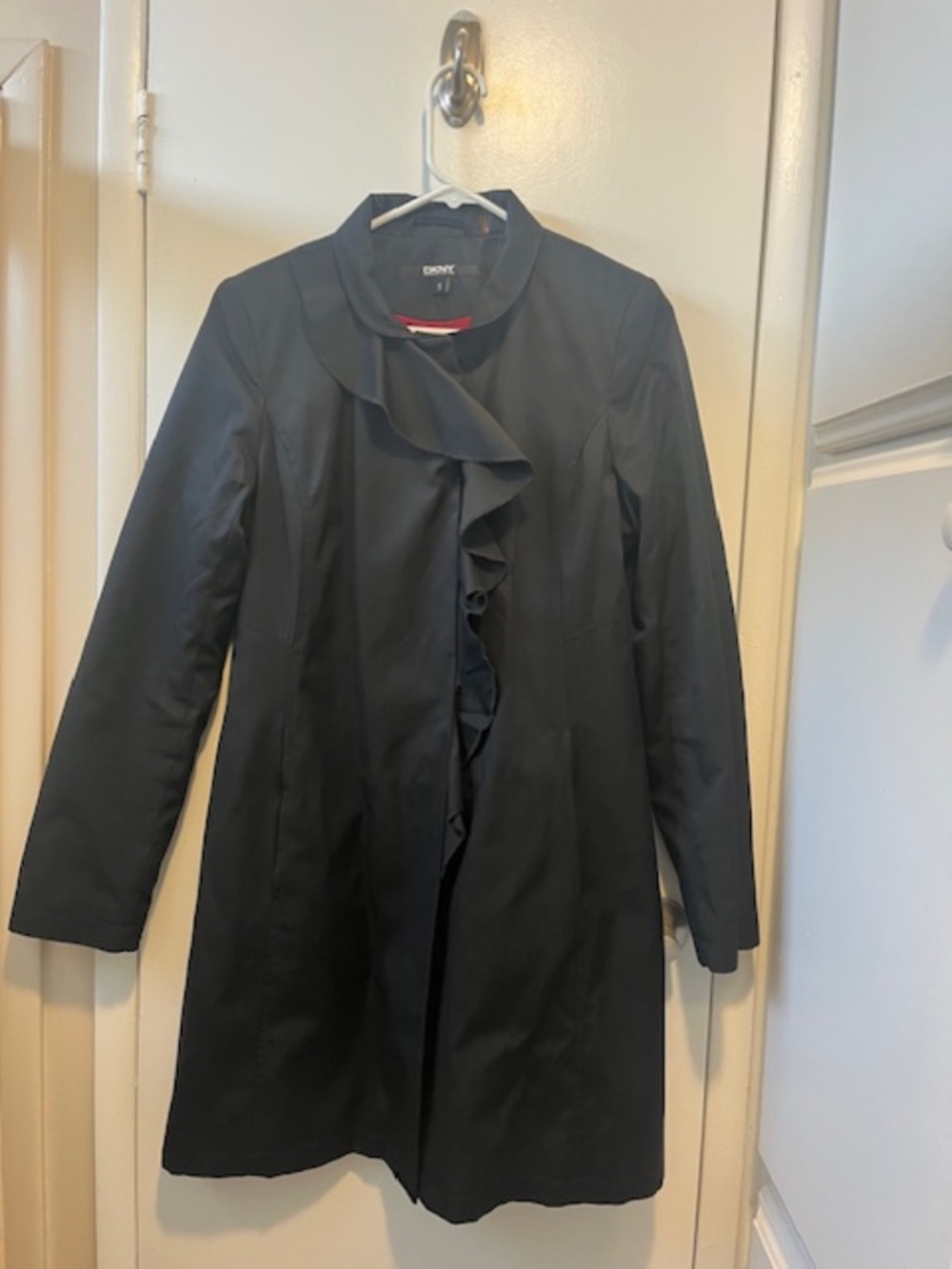 DKNY raincoat ~ size small ~ solid black ~ red lining ~ ruffle